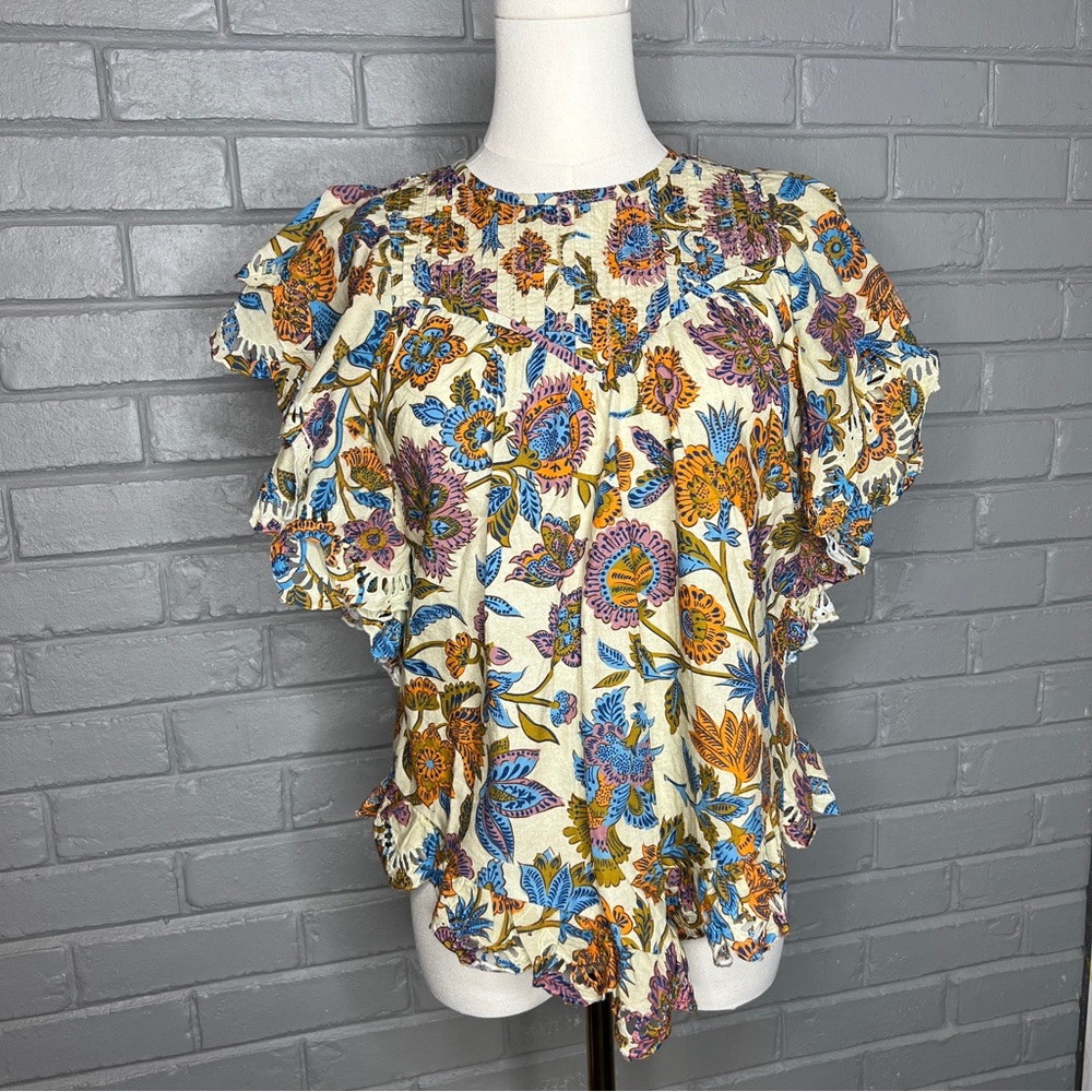 Love The Label Multicolor Floral Crew Neck Ruffle Sleeves Size XS